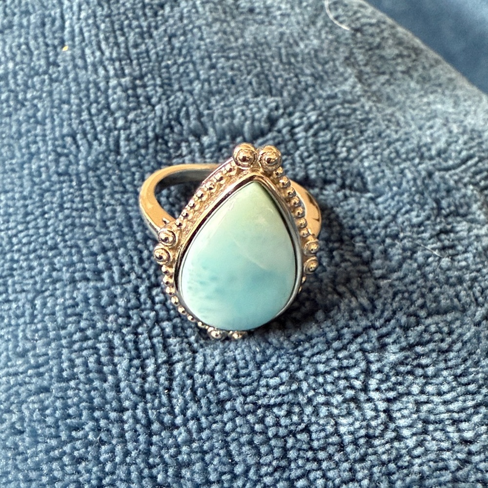 High Quality Larimar and Sterling Silver Teardrop Ring size 6